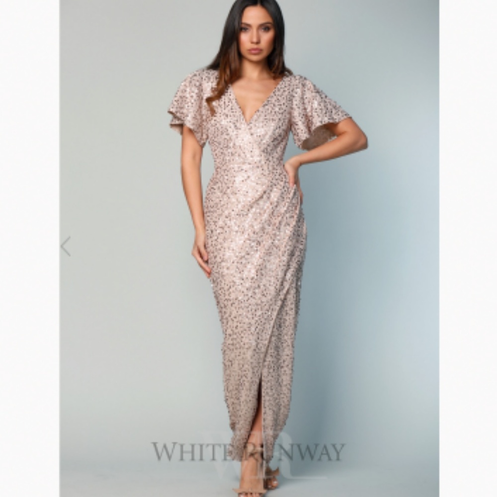 NWT  White Runway Champagne Sequin Drape Maxi